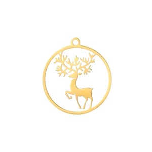 Golden round hollow cutout pendant featuring a detailed elk deer silhouette for jewelry making