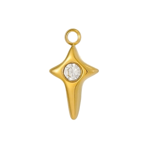 Golden stainless steel four-pointed star pendant with center zircon for DIY jewelry