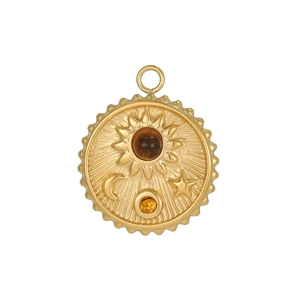 Golden sun and moon celestial pendant with zircon stones and stainless steel radiant design