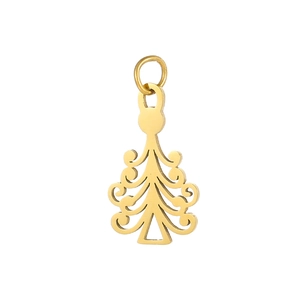 Dettaglio di un ciondolo ad albero di Natale dorato con design traforato per gioielli