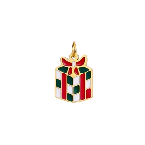 Dettaglio del ciondolo a scatola regalo in smalto colorato con fiocco rosso per gioielli