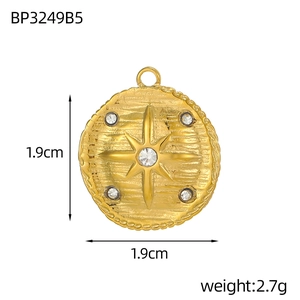 Detailed view of tarot style round pendant showing 1.9cm diameter and zircon inlay