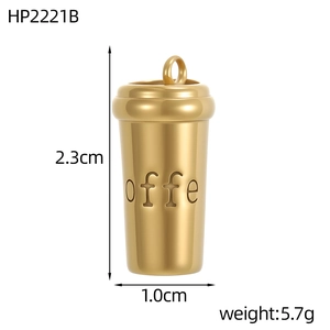 Detailed dimensions of a vintage coffee cup pendant in polished gold stainless steel