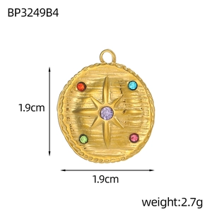 Gold tarot style round pendant with star relief and colorful stones 1.9cm diameter