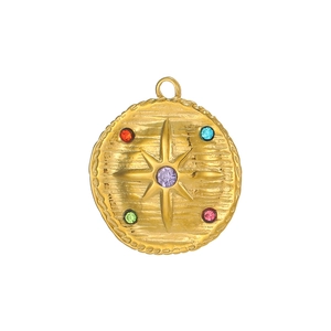Gold vintage tarot style round pendant with colorful cubic zirconia and star engraving