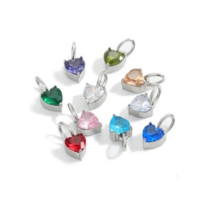 Polished stainless steel heart-shaped zircon pendants in various vibrant colors
