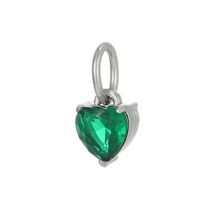 Detail of a small heart-shaped green zircon pendant with a polished silver-tone base