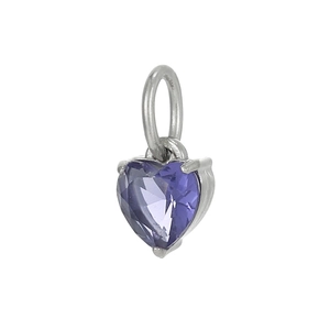 Detailed close-up of a purple heart-shaped zircon pendant with a polished silver mount