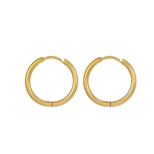 Polished gold round hoop earrings for women with a minimalist luxury style on white background