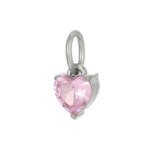 Detail of a small heart-shaped pink zircon pendant in a polished stainless steel setting