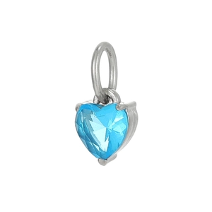 Detailed view of a small heart-shaped blue zircon pendant with silver metal base