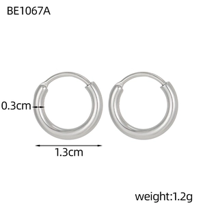 Polished silver stainless steel hoop earrings measuring 1.3cm diameter and 0.3cm width