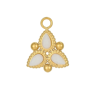 Triangle gold pendant with three teardrop moonstones and decorative beads on white background