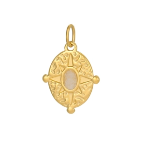 Minimalist gold-plated oval starburst pendant with white gemstone on white background