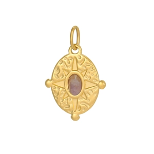 Detail of gold hammered oval pendant featuring a purple stone with starburst engraving