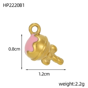 Macro detail of a 1.2x0.8cm pink enamel ice cream lollipop charm with golden plating