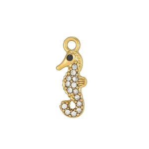 Macro shot of gold seahorse pendant with micro-pave white zircon and black eye detail