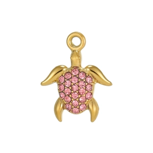 Golden sea turtle pendant with pink zircon pave setting on white background