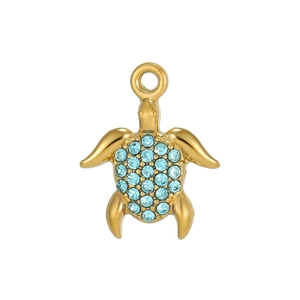 Detailed view of a gold-plated turtle charm featuring light blue crystal shell inlay