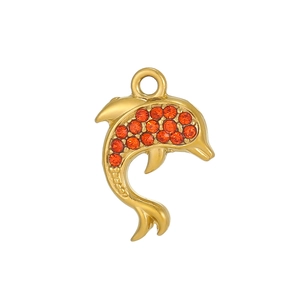 Golden dolphin pendant with orange-red cubic zirconia stones on a pure white background