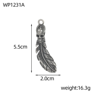 Detailed view of skull and feather pendant with 5.5cm height and 16.3g weight specs