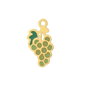 Detail of grape charm pendant in gold metal with green enamel for DIY jewelry making