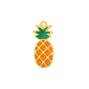Golden pineapple enamel pendant for DIY jewelry making with green leaves and orange fruit