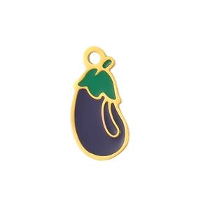 Detailed view of an eggplant pendant with purple enamel and gold-plated finish