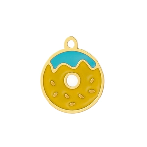 Macro view of a yellow and blue enamel donut charm with gold plating for DIY jewelry making