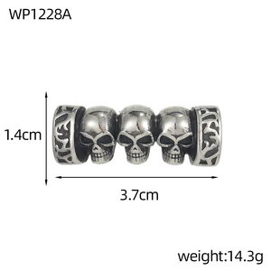 Detailed size view of gothic three-skull stainless steel pendant with vintage silver finish