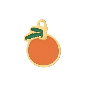Detailed view of an orange fruit charm in gold plating and vibrant orange enamel finish