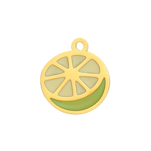 Golden stainless steel lemon slice pendant with yellow and green enamel finish