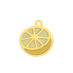 Macro shot of yellow enamel lemon slice pendant in gold-plated stainless steel for DIY jewelry