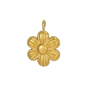 Detail of a golden six-petal flower pendant with textured petals and a sturdy jump ring