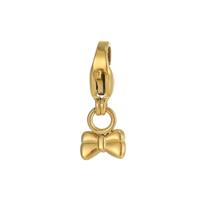 Detailed view of a shiny golden bow pendant with a lobster clasp for DIY jewelry