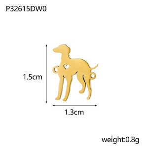 Polished gold dog pendant charm with heart cutout showing 1.5cm by 1.3cm dimensions