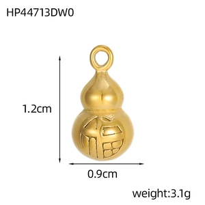 Macro detail of a gold calabash pendant with Fu character and dimension measurements