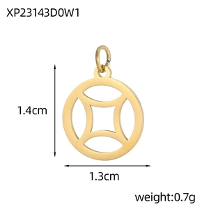 Detailed size view of a 1.4cm golden hollow round pendant with geometric pattern