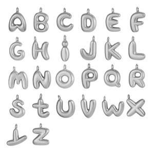 Set of 26 3D bubble letter pendants in silver stainless steel on a white background