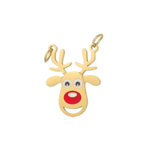 Detailed view of handmade Christmas reindeer charm with red oil drop nose and golden finish
