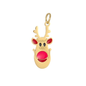 Detailed view of handmade Christmas reindeer pendant with red enamel and gold finish
