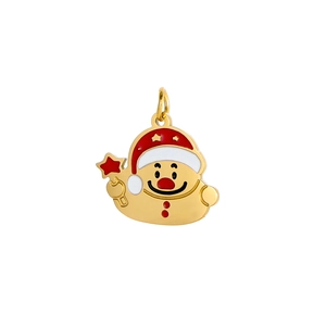 Close-up of a cartoon Christmas enamel charm with gold finish and vibrant red hat