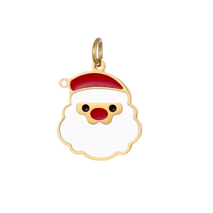 Macro detail of Santa Claus enamel charm in gold-plated metal with red and white oil drip