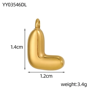 Detailed view of bubble initial L pendant showing dimensions 1.4cm height and 1.2cm width