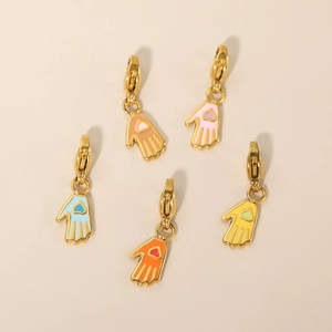 Detailed set of five colorful enamel hand pendants with heart cutouts and gold lobster clasps