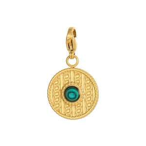 Goldener runder Evil-Eye-Anhänger mit Malachit-Stein und Karabinerverschluss-Detail