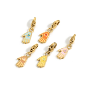 Detailed set of five colorful enamel Hamsa Hand pendants with heart charms and lobster clasps
