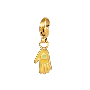Detail of hand-shaped gold pendant with green heart inlay and secure lobster clasp