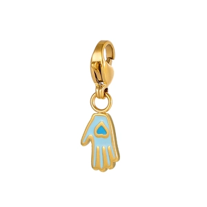 Detailed view of Hand of Fatima charm with blue enamel and heart cutout on gold lobster clasp