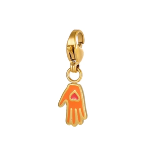 Golden Hamsa hand charm with orange enamel and red heart pendant for jewelry making